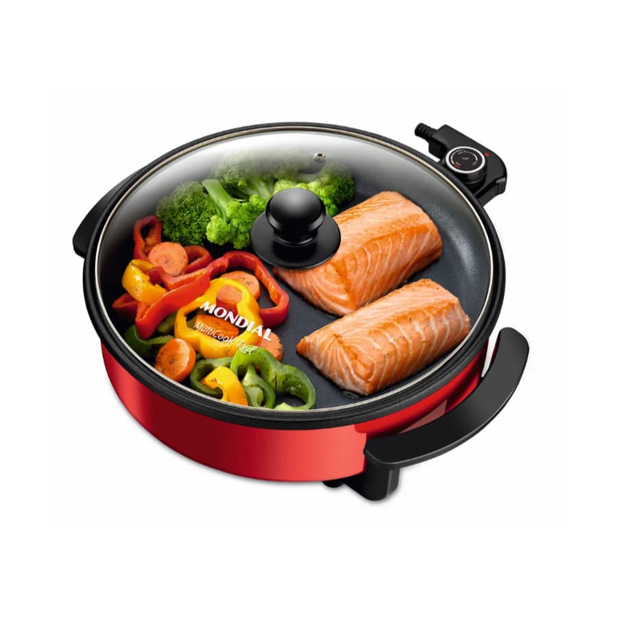 Panela Elétrica Mondial MultiCook Red PE-28 3L 1200W Antiaderente Tampa Vidro - 127V/220V