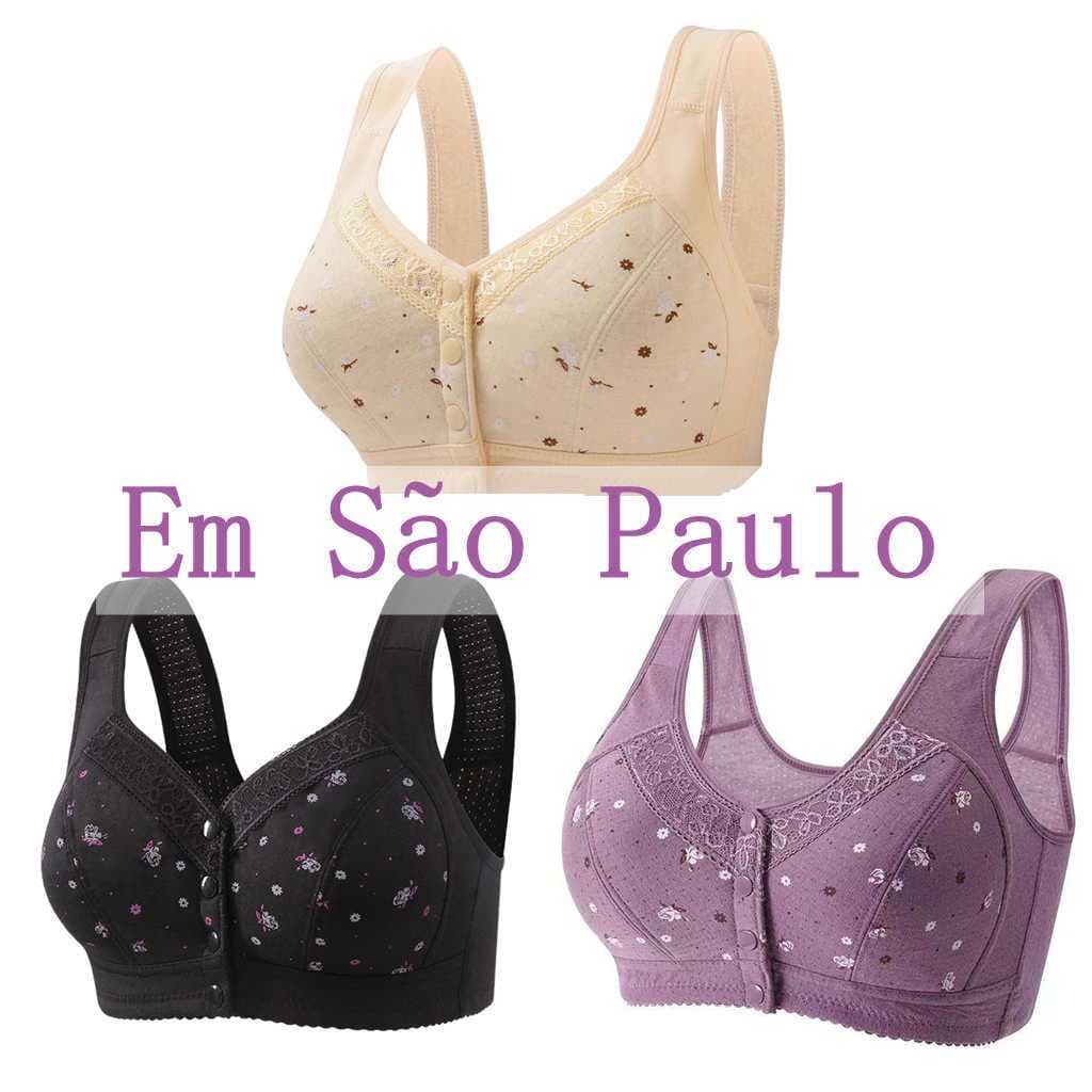 3PC Roupa Íntima Feminina De Tamanho Grande , Sutiã Sem Fio De Algodão Puro , Botões Frontais Borda De Renda Colete Com