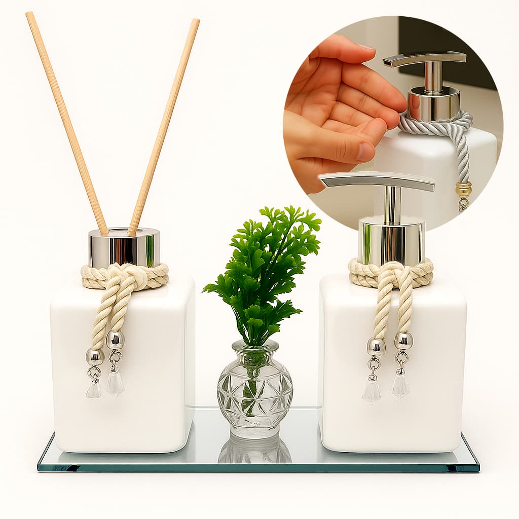 Kit Lavabo Frascos Turmalina Branco PET (Plástico) Para Difusor Sabonete Álcool