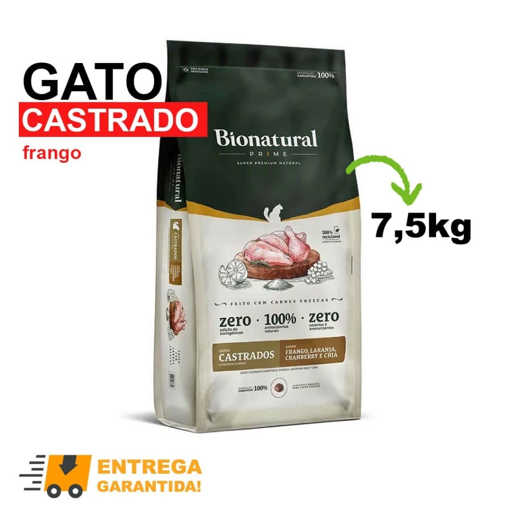 Ração Bionatural Prime Super Premium Gatos Castrados 7.5kg Frango Envio Imediato