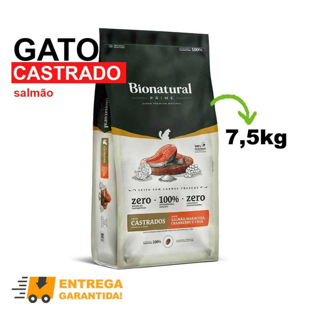 Ração Bionatural Prime Super Premium Gatos Castrados 7.5kg Salmao Envio Imediato
