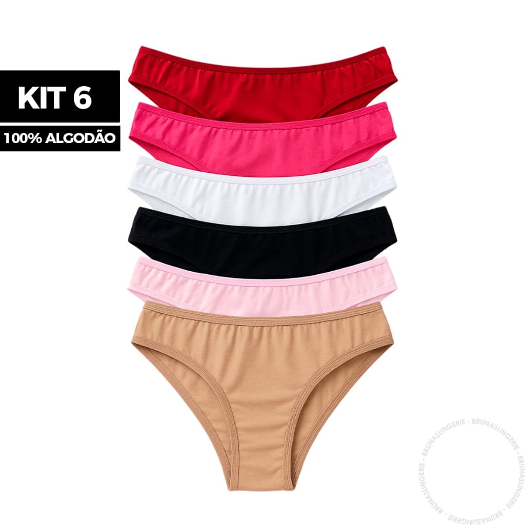 Kit 6 Calcinhas Básica Lisa 100% Algodão Cotton Dia a Dia Confortável Feminina