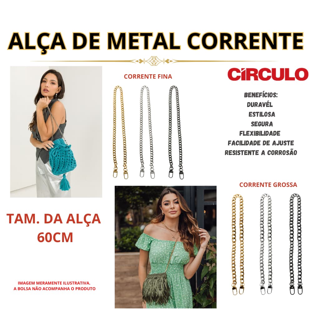 Alça de Bolsa Metal Circulo 60cm Fina e Grossa (1 un)