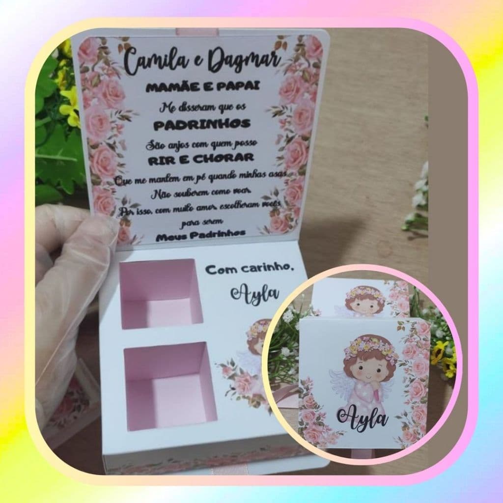 02 Caixas Convite para 2 Doces Anjinha Floral Padrinhos de Apresentação Evangélica, Batismo, Consagração e Toalha