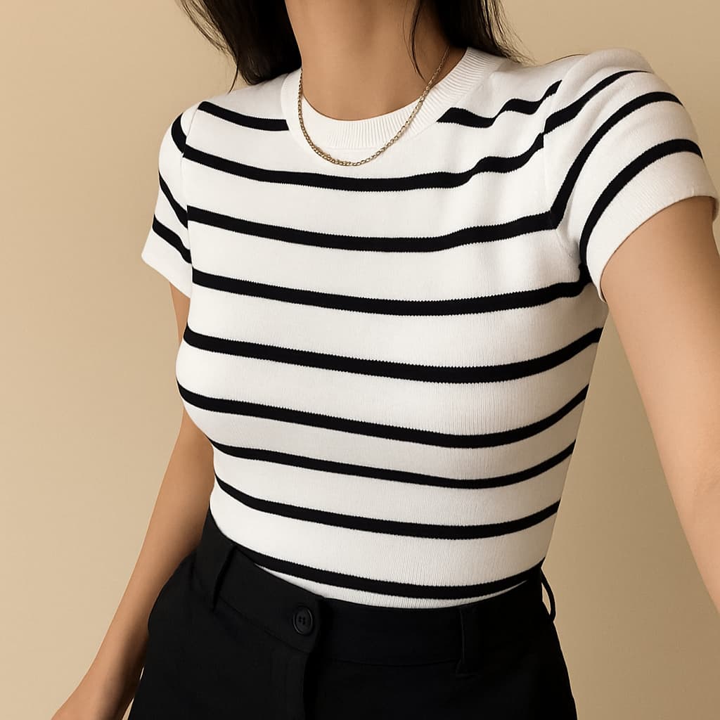 Blusa Feminina Listrada Casual Com Manga Curta Moda Trico Tendência 2025 Super Fresca e Leve