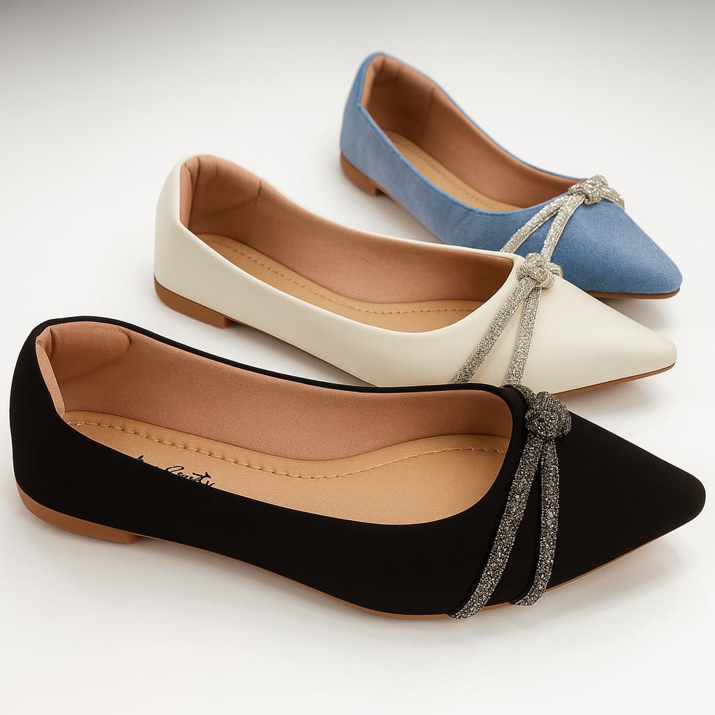 Sapatilha Feminina Bico Fino Detalhe Tiras Strass Elegante Casual Moderna Dia a Dia Jaqueline Costa