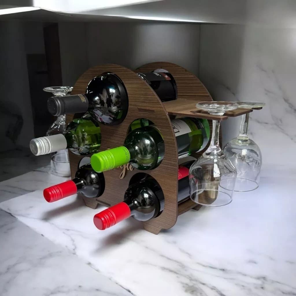 Adega de Vinhos Redonda Retrô Expositora 5 Litros com Suporte para 4 Taças MDF