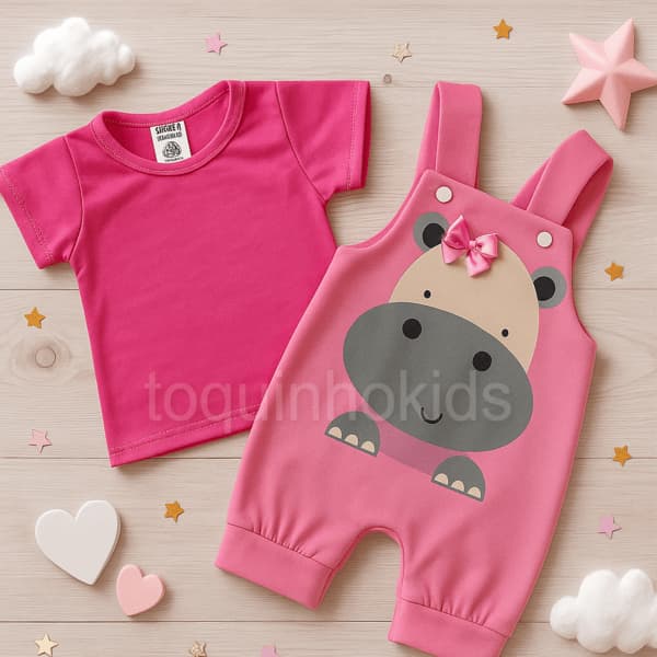 Kit macacão curto + camiseta para bebê menina temático hipopotamo fashion