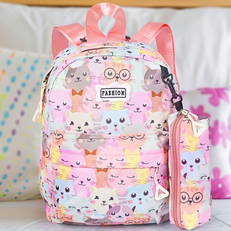 Kit Mochila e Estojo Infantil Feminina Estampa de Gatinho ou Ursinho Confortável e Resistente