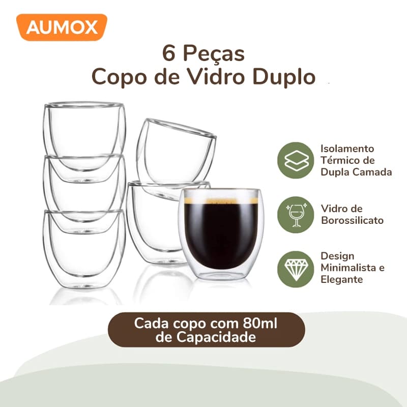 Jogo 6 Xícaras Café Expresso Parede Dupla 80ml - Copos de Vidro Borossilicato Térmico