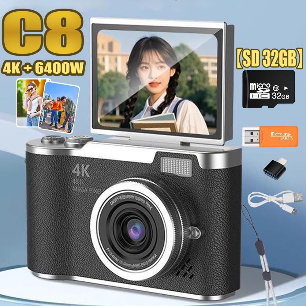 2025 Novo C8 produto Campus CCD  4k 8x HD câmera Digital estudante câmera Presentear SD 32GB