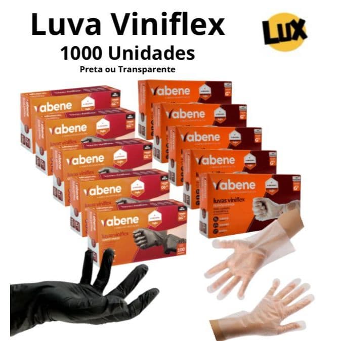 Kit 1000 Luva Descartável Viniflex Sem pó Vabene Preta Ou Transparente Tam. P M G