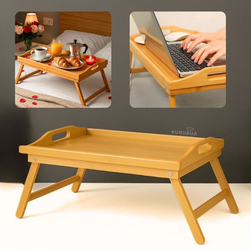 Bandeja de Bambu Café Da Manha Na Cama Em Bambu Pés Dobraveis 50x30cm Marca Kururuá