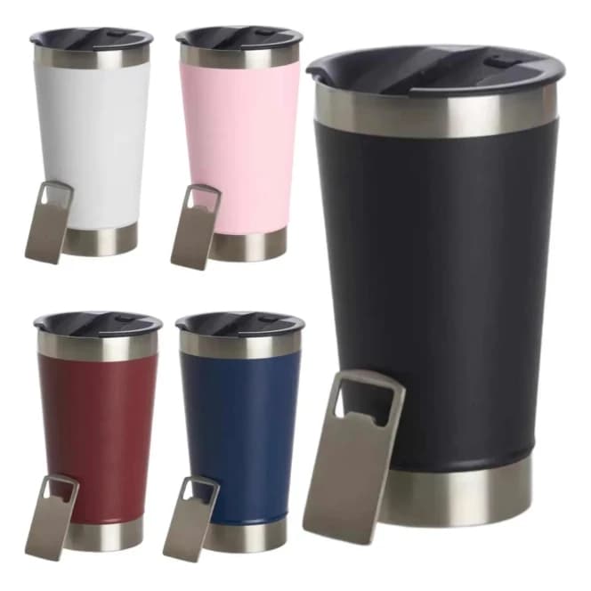 Kit 2 Copo Térmico Inox 473ml Com Abridor De Garrafa Diversas Cores Café Chá