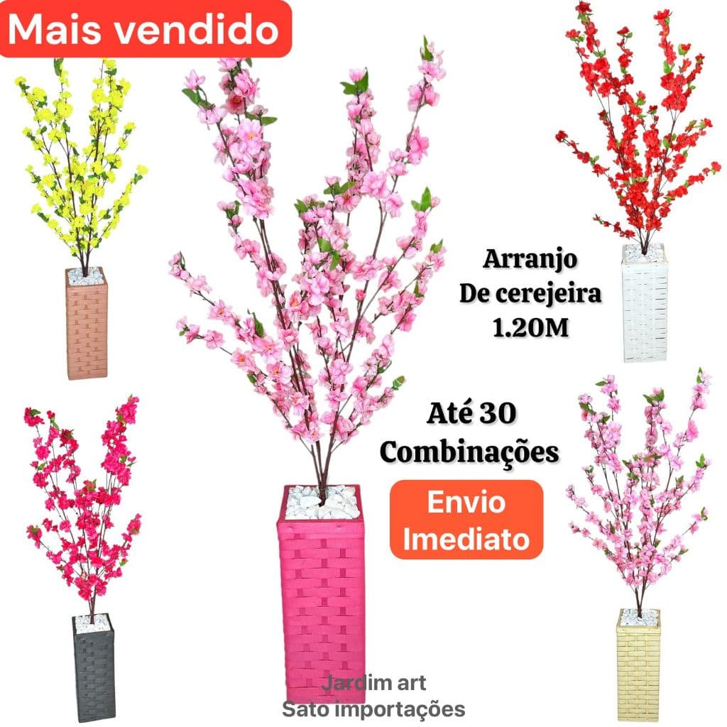 Decoração com Planta Artificial Sakura Rosa 1,20m – Vaso Jarro Grande para Sala ou Ambiente Interno Cp4g