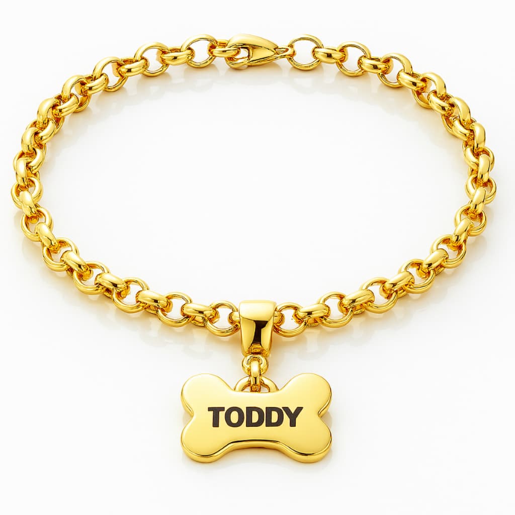 Coleira Nome Cachorro Pet Personalizado Plaquinha Ossinho Identificação Gravada Folheada Ouro 18k