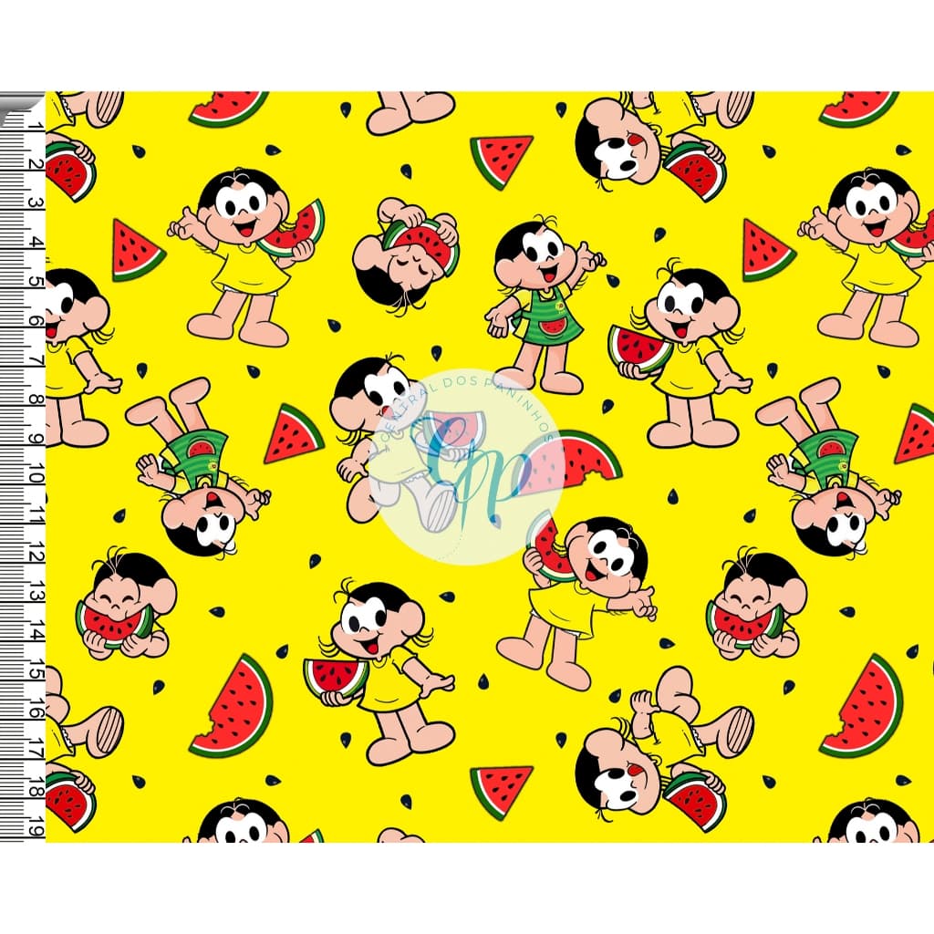 Tecido tricoline, microfibra ou gabardine - Turma da Mônica - Magali - fundo amarelo - 0.50cm