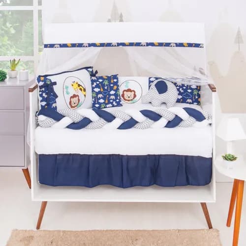 Kit Protetor Berço 12 Peças Menino Azul Marinho Safari