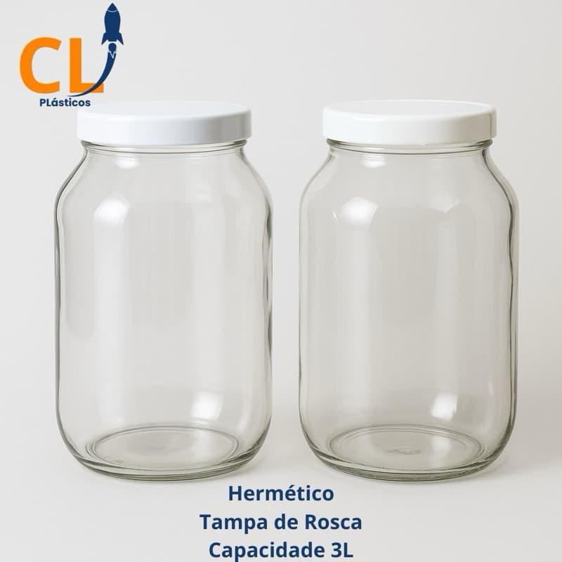 kit 2 potes 3 litro vidro com tampa branca de plástico conserva  e mantimentos e grãos etc