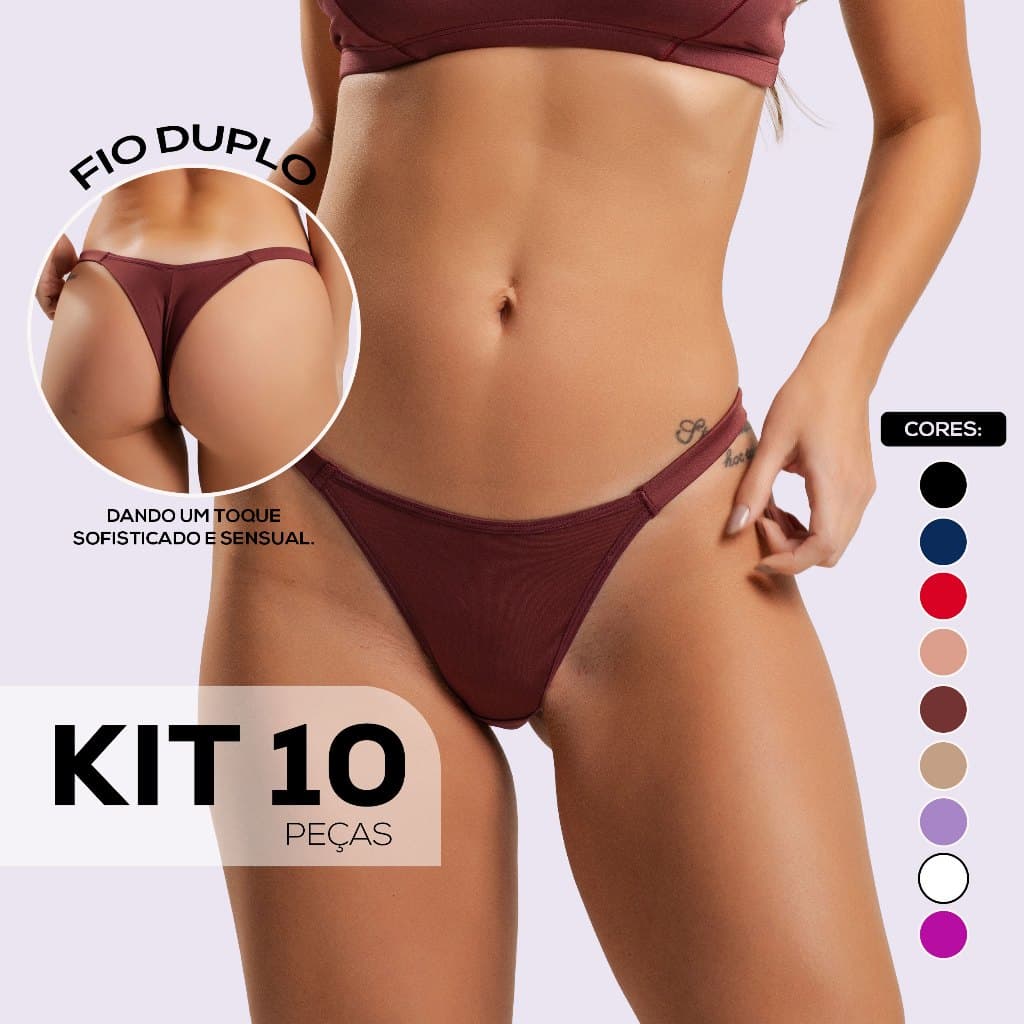 Kit até 10 Calcinhas Fio Duplo Tanga Basic Tirinhas Microfibra Lingerie Luxo e Delicada Dyeu Modas
