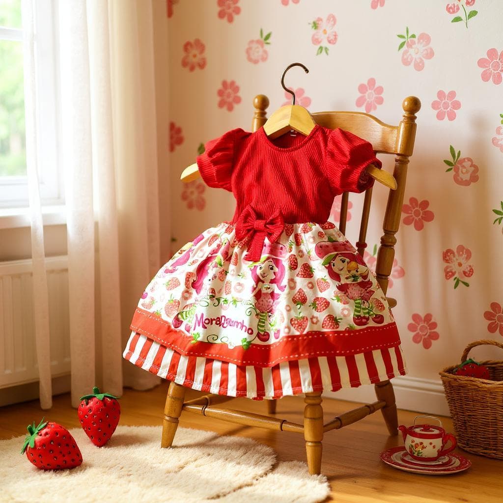 Vestido Festa Casual Manga Curta Ribana Canelado Infantil Personagens Moranguinho