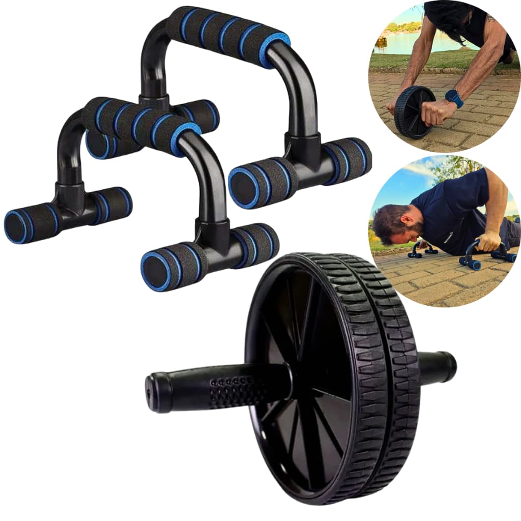 Kit Ginastica Rolinho Abdominal +Suporte P/ Flexão Treino Funcional Casa Lombar Abdomen Peito Braços
