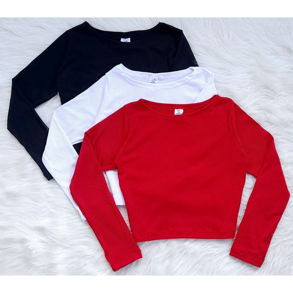 Kit 3 Croppeds Feminino Manga Longa Malha Canelada Macia