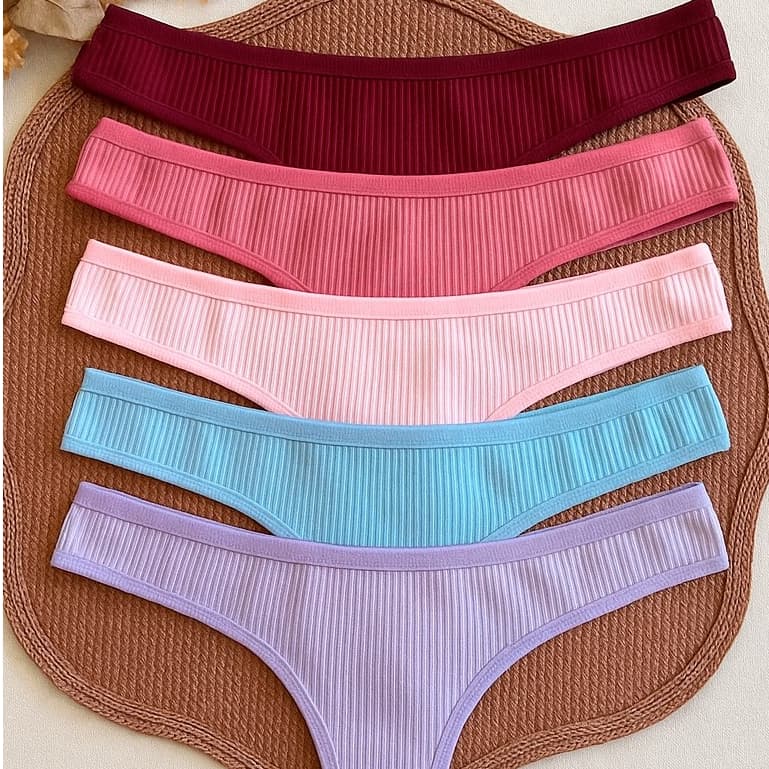 Kit 5 Calcinhas Caneladas Fio Dental em Suede estilo Algodão