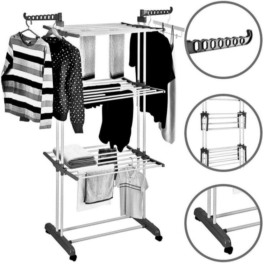 Varal De Chão 3 Andares Para Roupas e Calcinhas 4 Rodas Dobrável Reforçado e Portátil