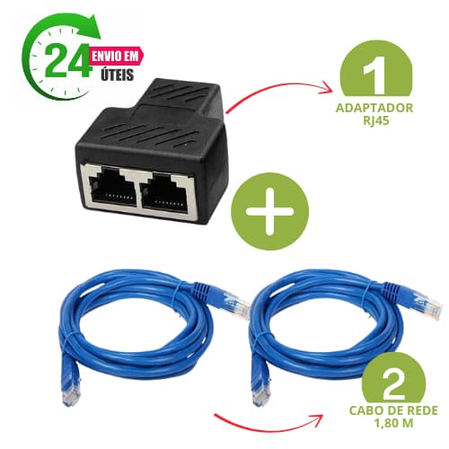 Conector Extensor Duplicador Divisor de Saída de Rede Rj45 Splitter 1x2 Plug T Preto + 2X Cabos de Rede 1.5 Metro Azul