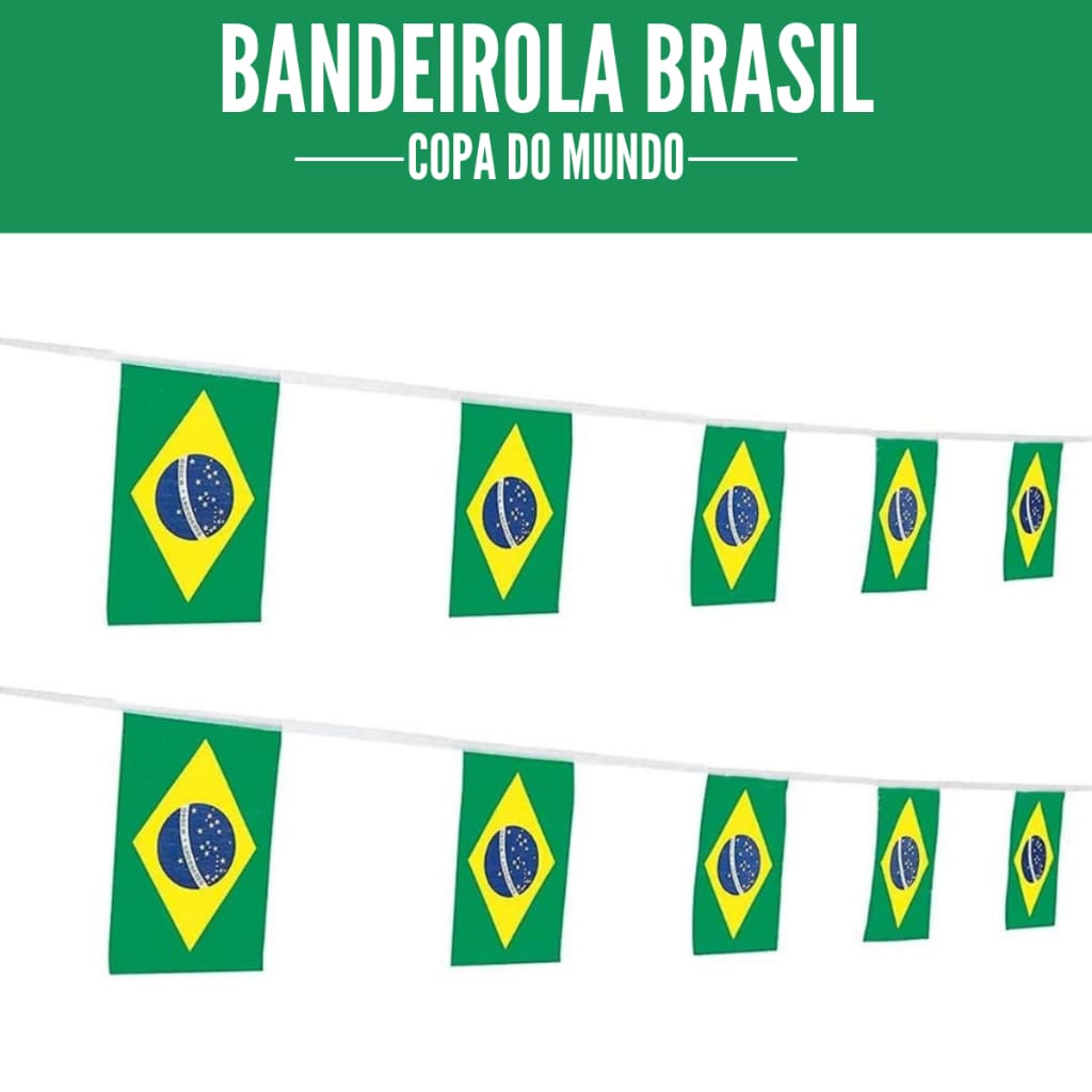 Bandeirolas Brasil 10 metros Plástico Copa do Mundo Varal de Bandeira Festa Decoração C/26 Bandeiras