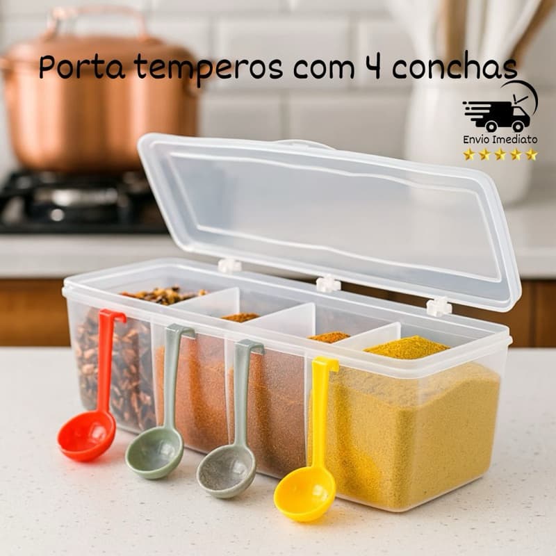 Pote Porta Temperos Porta Condimentos com 4 conchas. Organizador com 4 divisórias