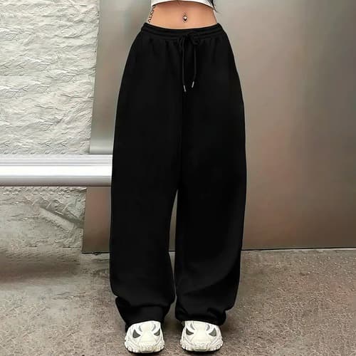 Calça Moletom Feminina Pantalona Wide Leg Style Lisa Despojada Larga Casual Flanelada Ajustável
