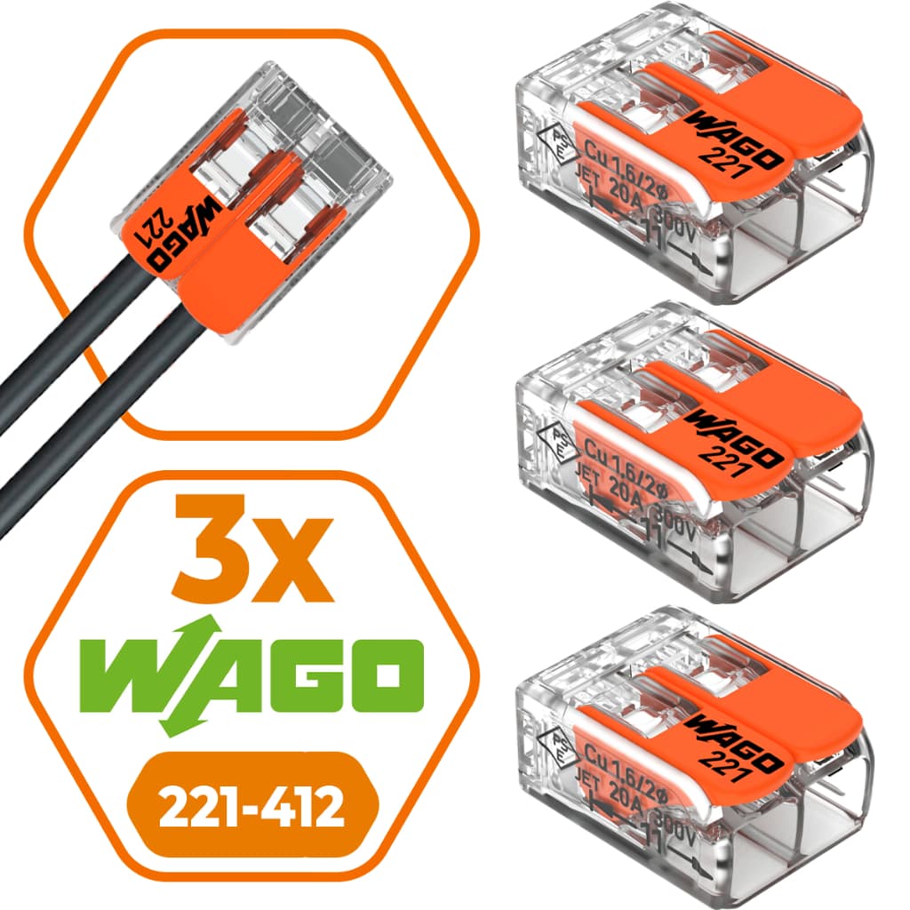 Kit 3 peças conector Wago original 221-412 emenda 2 polos 4mm² 32A conexão automática