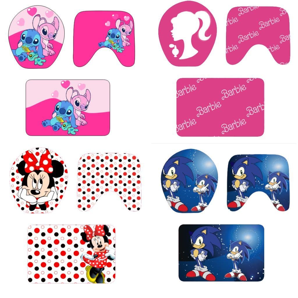 Jogo de Tapete de Banheiro 3 Peças Premium Antiderrapante- Stitch - Barbie - Sônic - Minnions - Mickey e Minnie