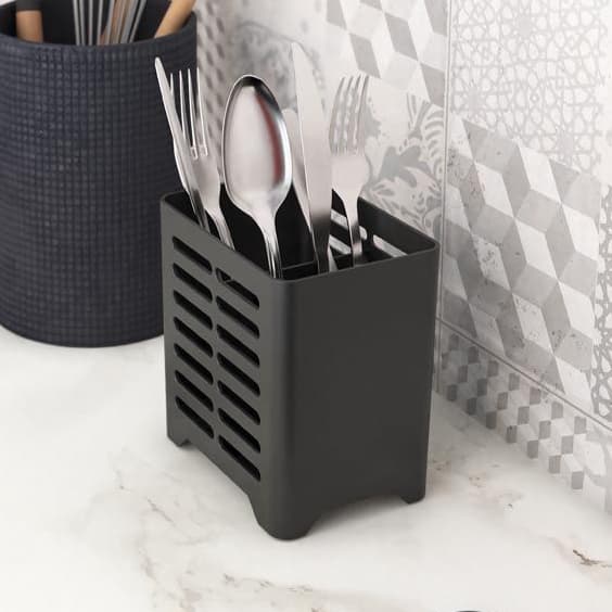 Porta Talher Escorredor De Plástico Com Duas Divisórias Para Cozinha Preto / Branco