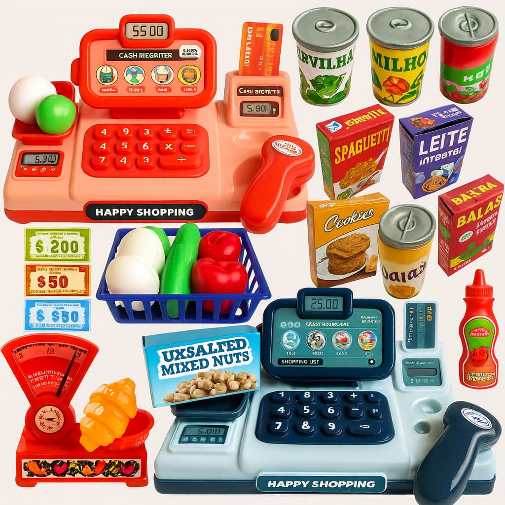 Kit Brinquedos Menino Menina 29 Pc Mercadinho Infantil Caixa Registradora Comidinha Cozinha Infantil