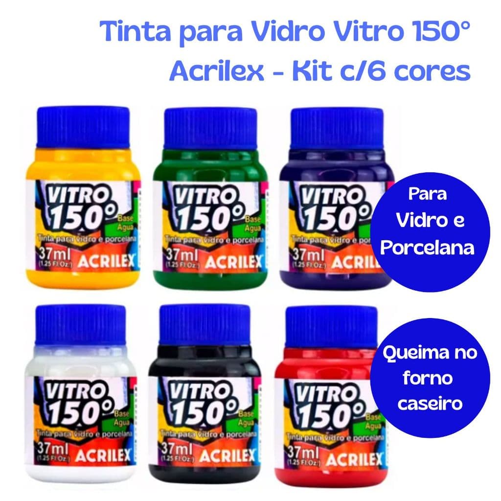 Kit com 6 cores Tinta Vitro 150º 37ml Acrilex para Vidro e Porcelana
