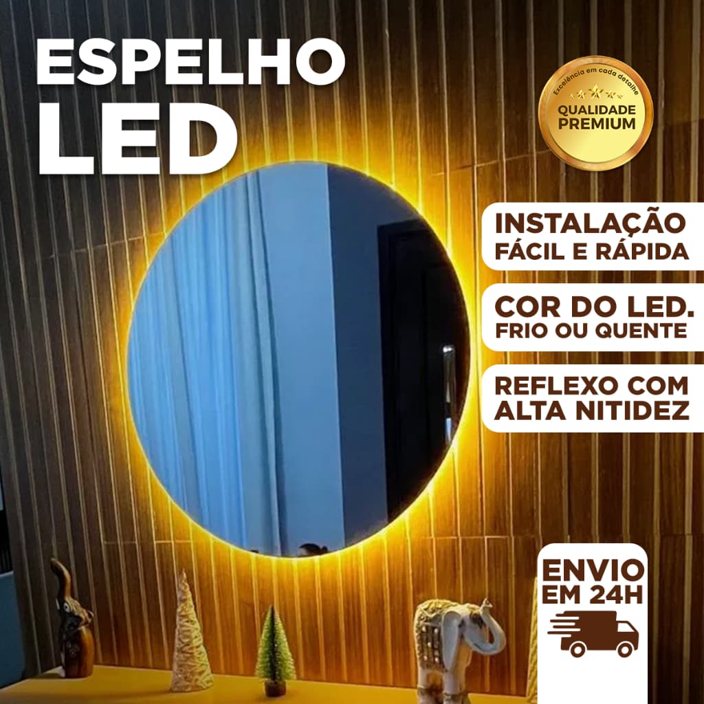 Espelho LED Redondo Lapidado para Banheiro e Maquiagem com Iluminação Fria / Quente e Kit Instalação