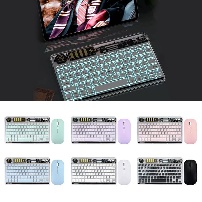 Kit Teclado e Mouse Bluetooth Transparente - Teclado RGB + Mouse Macaron Recarregável-H4