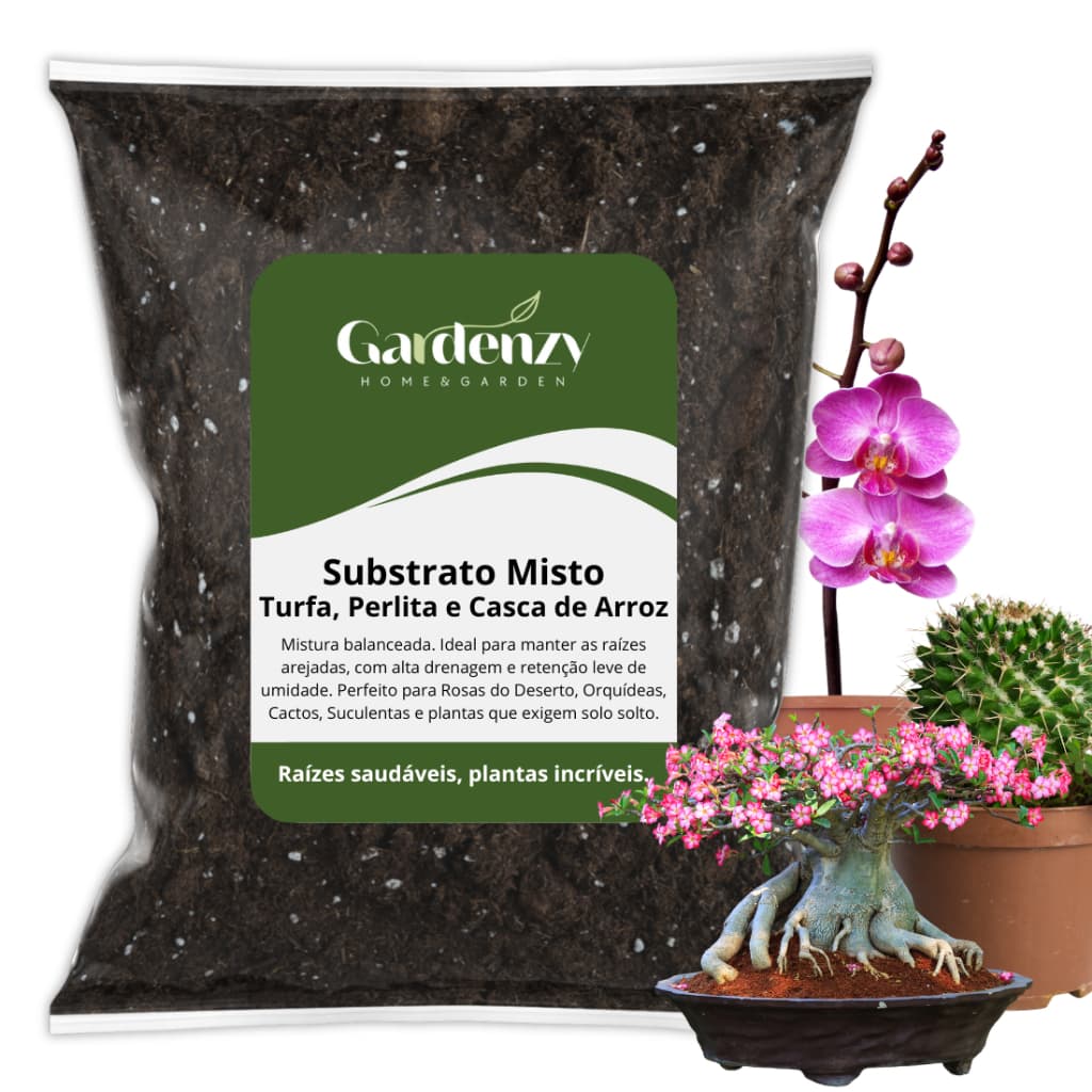Substrato Misto p/ Rosa do Deserto, Orquídeas, Cactos e Suculentas - Turfa, Perlita e Casca de Arroz
