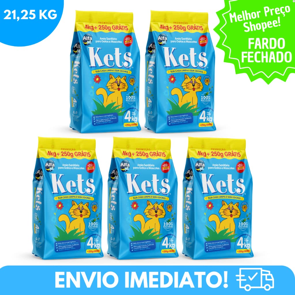 Kit 5 Areia Sanitária Higiênica Natural Argila de Gatos Kets Fardo Fechado 5x4,25KG - 21,25Kg Total