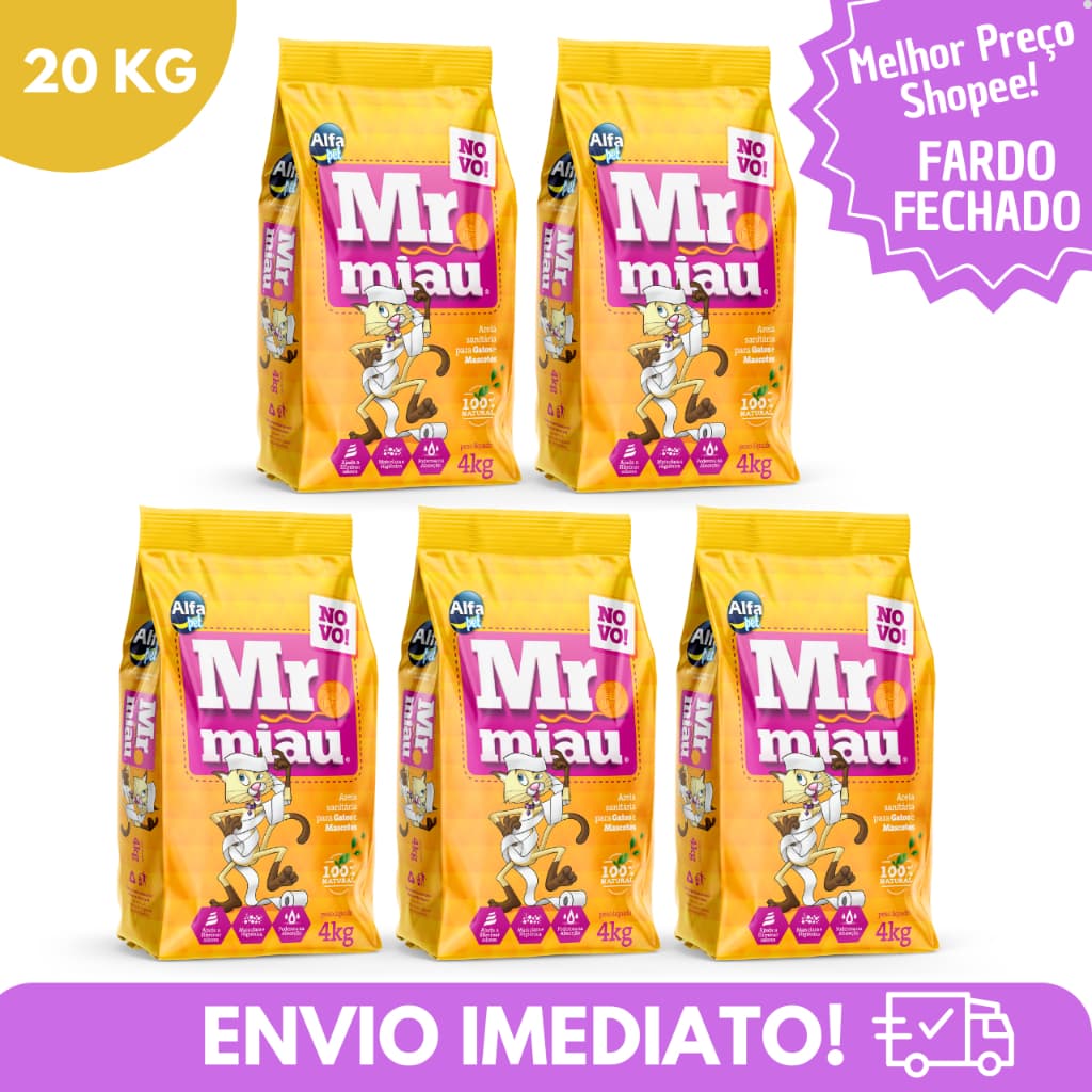 Kit 5 Areia Sanitária Higiênica Natural Argila para Gatos Mr Miau Fardo Fechado 5x4 Kg - 20Kg Total