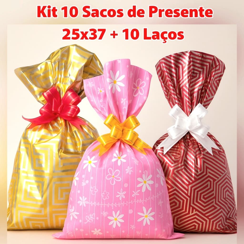 Kit 10 Sacos de presente 25x37 + 10 laços fácil