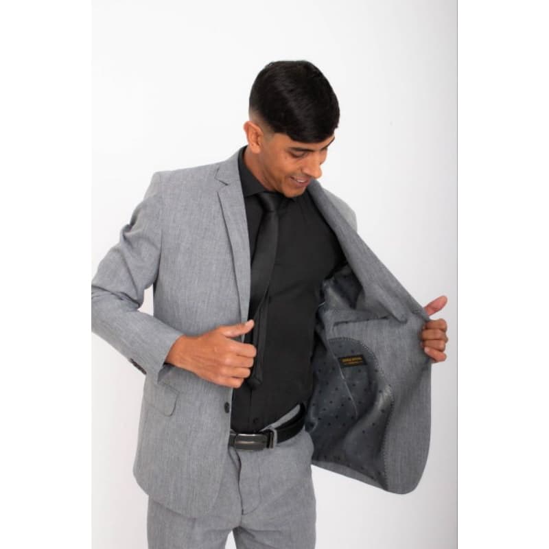 Terno Slim Masculino Cinza Microfibra Melange (Paletó - Calça - Cabide)