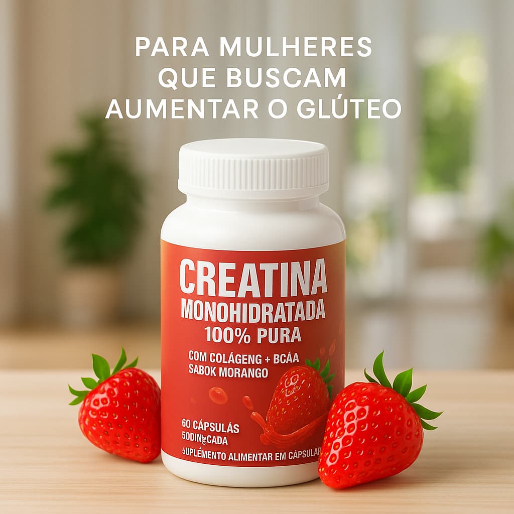 Creatina Feminina com Colágeno e BCAA - Sabor Morango - Ganho de Glúteos, Massa Muscular e Definição