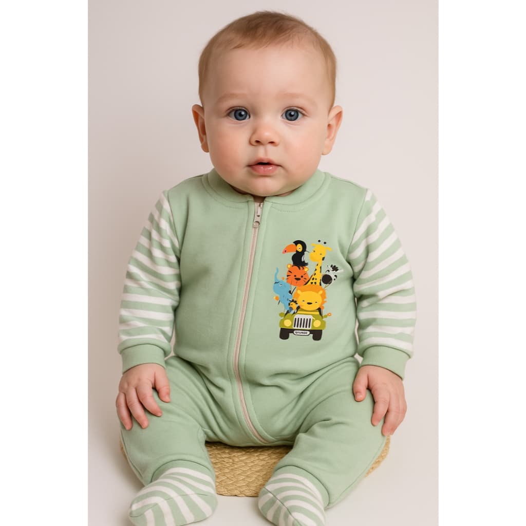 Macacão para Bebê Menino com estampa de animais macacao menino com ziper para facil lavagem