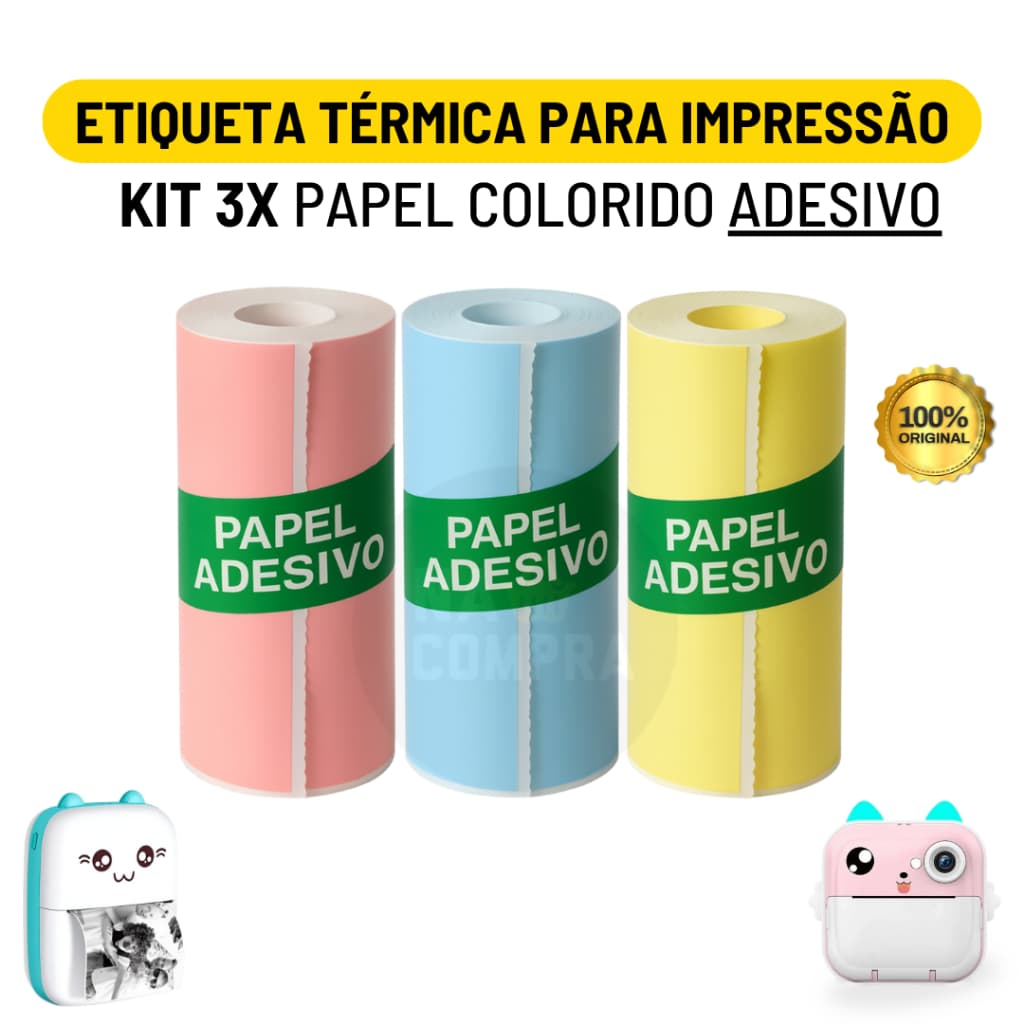 Kit 3 Bobina Rolo Etiqueta Térmica Adesiva 57mm Colorida Mini Impressora Portátil | Envio Imediato