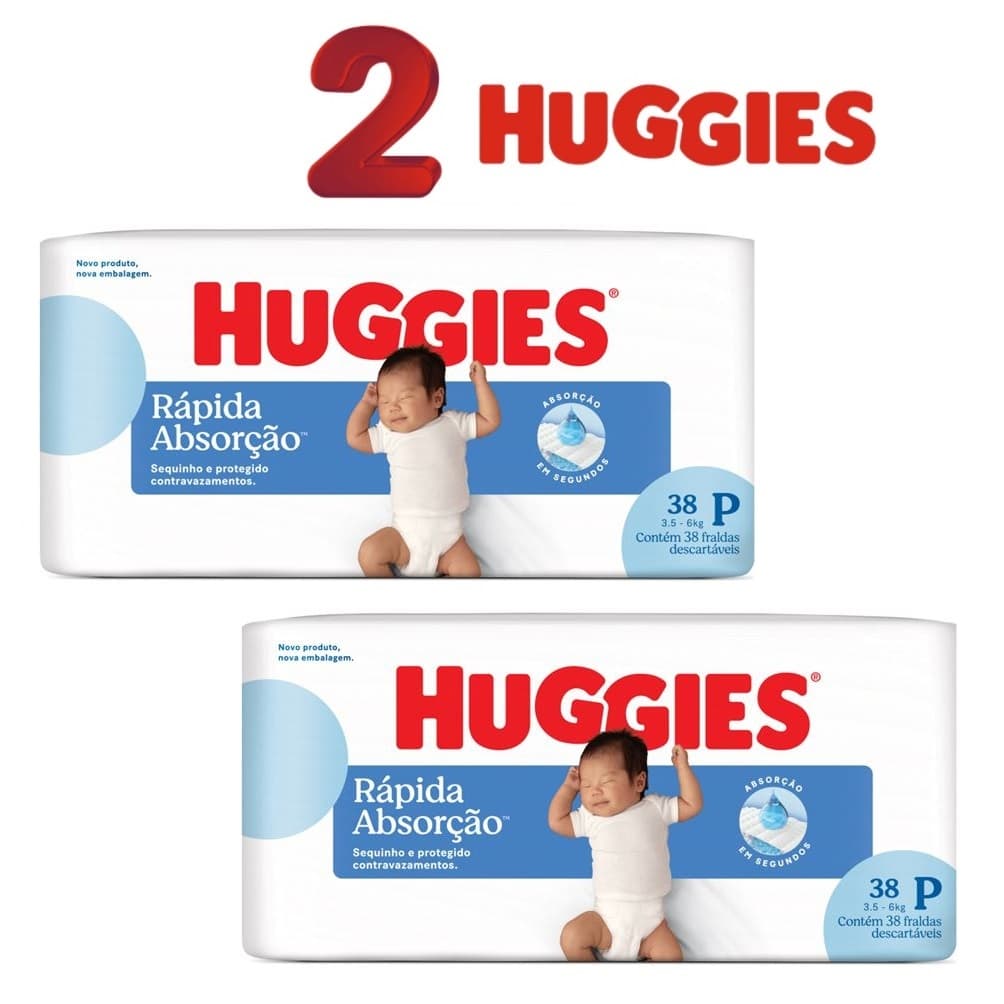 Kit 2 ptes Fralda Huggies P 38un 3,5 a 6 kg cada - Total 76un