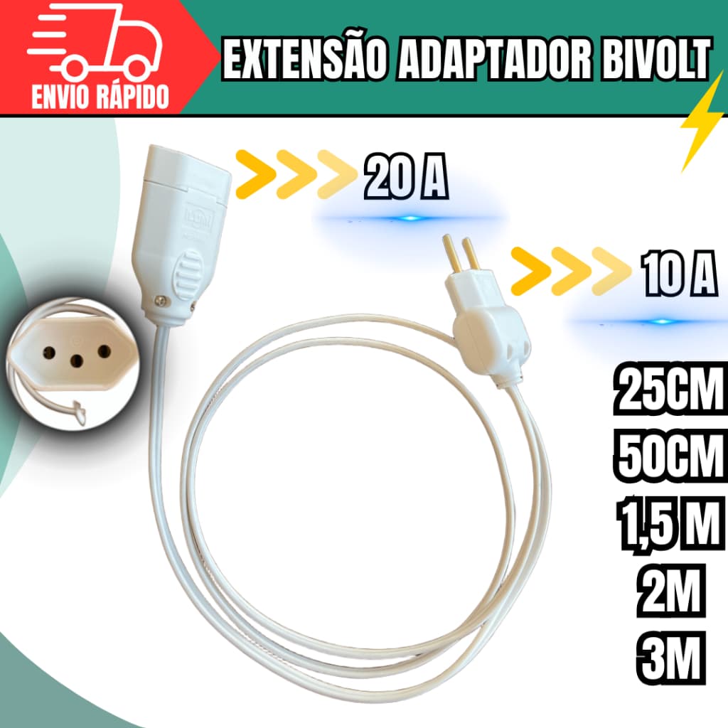 Adaptador Tomada 10A Para 20A Extensão Elétrica Cabo Cordão Prolongador Bivolt 25/50 CM/1,5M/2M/3M